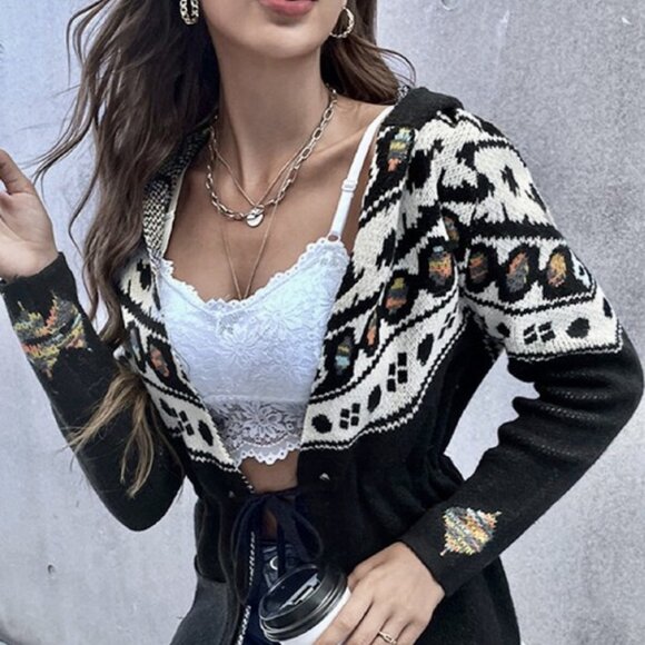 Black Geo Pattern Hooded Cardigan with Belt - Picture 1 of 3